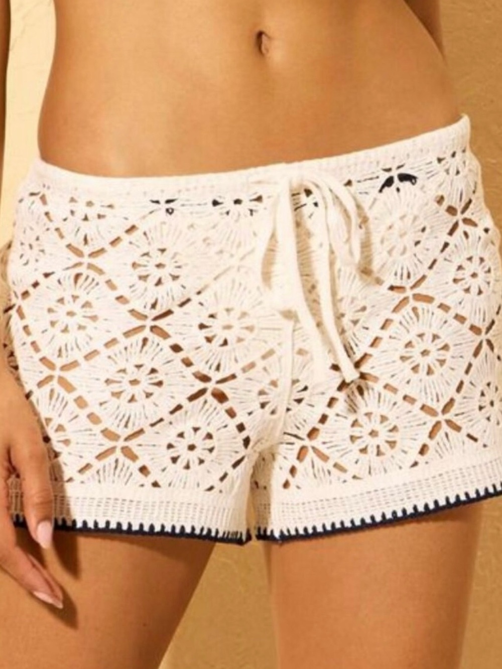Crochet Drawstring Beach Shorts -  Cream